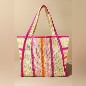 Natural Straw Tote With Multi Color Stripes|Fuschia